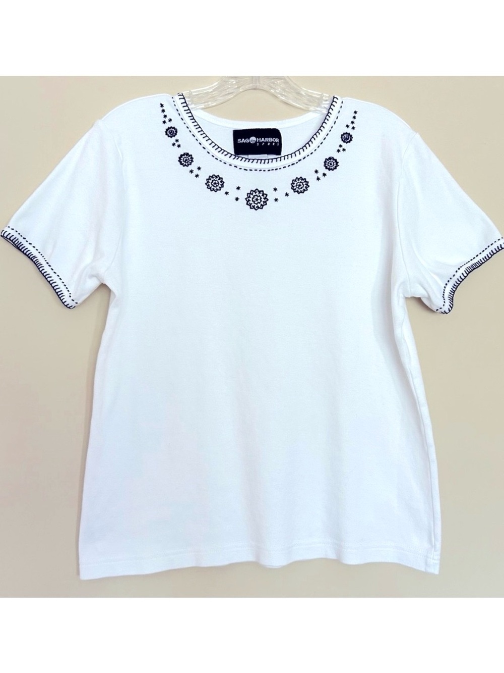 Sag Harbor Women’s White Cotton Blouse with Black Floral Accents Embroidered
